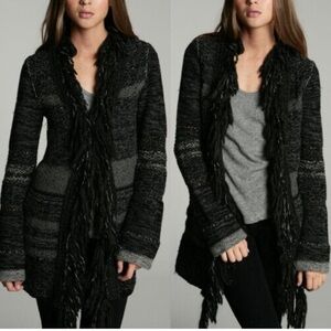 Free People Gray Black Fringe Shawl Collar Wool Blend Cardigan Sweater Size M
